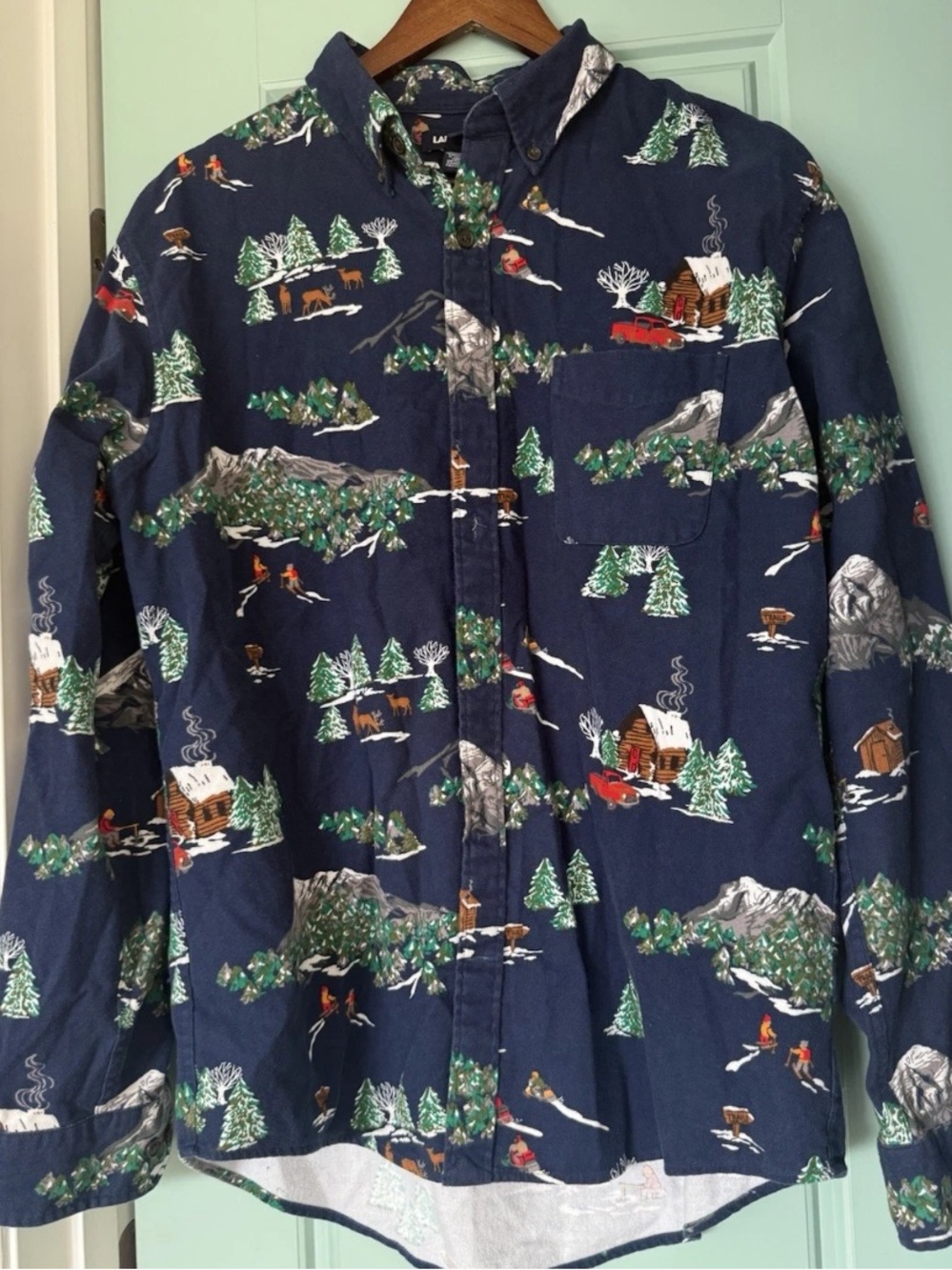 Lands End Men’s Large Winter Ski Cabin Flannel Shirt 16-16.5 Scenic Print